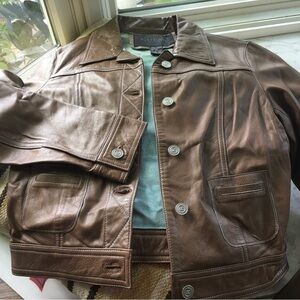 GUESS Brown Leather Jacket with Light Blue Lining